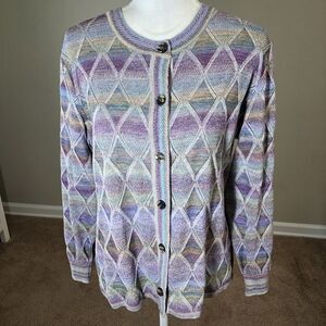 Vintage 70s Pastel Cardigan M Diamond Argyle Button Front Grandma